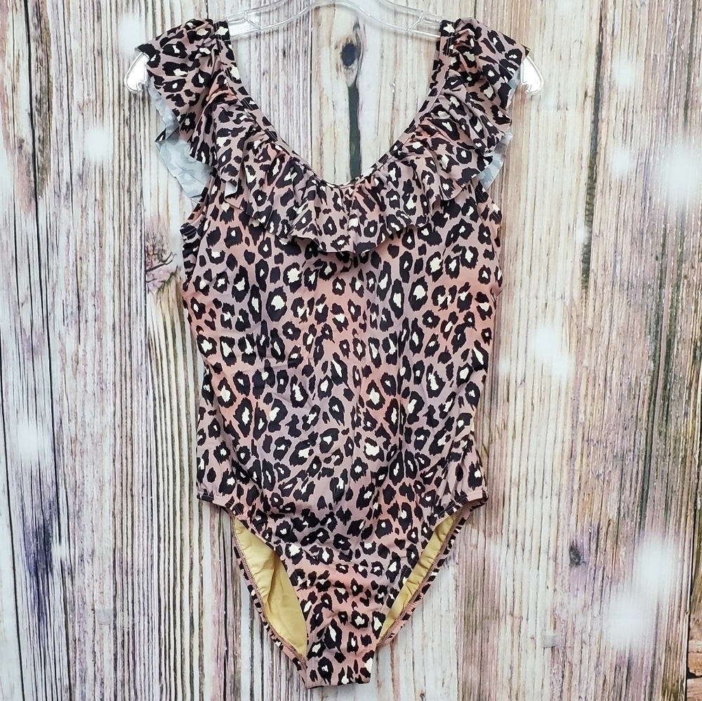 G.I.L.I Mauve Leopard Ruffle One Piece Swimsuit New